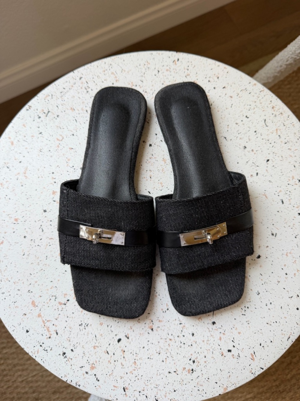 Black Slide Sandals with Silver Accent